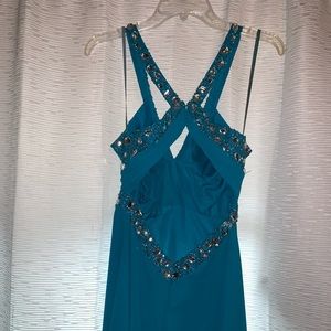 Floor length teal prom dress